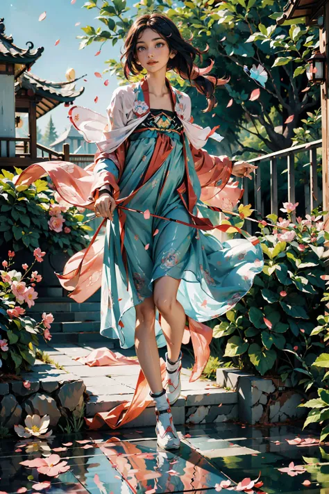 <(best quality, extremery best quality, masterpiece:1.5), (realistic, intricate details:1.2), (photorealistic:1.4), (extremely intricate:1.2), highres, ultra highres, ultra-detailed, absurdres, incredibly absurdres, extremely detailed, high quality, high resolution, hyperrealistic, ultra-realistic, hyper-detailed, top quality, best, fine detail, massive detail, Highly detailed, extreme detailed, highest detailed, high-res, absolutely resolution, reflection, (refraction:1.4), (hyperrealism:1.2)>, BREAK, 1girl, solo, looking at viewer, flat bangs, (young cute beautiful 18-year-old girl:1.1), 3d face, beautiful girl, Beautiful face, pretty, girlface, kpop idol, supermodel, stunning innocent symmetry face, (hand of Guido Daniele), perfect body, medium breast, slim waist, slim legs, (high detailed skin:1.2), glowing eyes, goddess, natural skin texture, shiny skin, White skin, Beautiful detailed face, detailed face, real skin texture, cute delicate face, finely detailed face, golden ratio, golden ratio face, expressive eyes, perfect face, perfect skin, flawless face, clear face, shiny hair, pale skin, Proper body proportion, perfect anatomy, realistic skin texture, luscious lips, glossy lips, natural makeup, beautiful bright pupils, slender figure, intricate eyes, detailed pupils, detailed face and eyes, longeyelashes, blush, good hand, perfect hands, pretty face, beautiful female bodies, finely detailed skin, oily shiny skin, BREAK, (((((golden hour, Sakura tree background, petals falling, dawn light, cobblestone pathway, building pavilion, chinese buildings, moutains, misty lake, ancient chinese background, puddle, after the rain, wet grass and trees, (sky overcast with a rainbow), (sunlight reflection), flower sea, in a meadow, (waterfall:1.2), ((breeze)), flying splashes, flying petals, leaves, nature, river, (forest), (bloom), bloom effect, detailed beautiful grassland with petal, flower, butterfly, petal, (((surrounded by heavy floating petal flow))), flowers, (black hair:1.3), (hanfu), (chinese clothes), ((floral print)), ((green/blue/yellow/pink/white/blackmagnificent print long sleeves)), ((pink/white/black/green/blue/yellow print see-through dress)), red lips, (chinese style countryard), (pond), (fullbody:1.3), (Luminescent Particles:1.4), (glow:1.1), beautiful sunset, wind, fog, (Pink hair:1.3), outdoors, (wavy hair), (long hair), (ahoge), (violet eyes), (golden accessories), (iridescent colors), watercolor, available light, detailed light, smile, volumetric fog, beautiful lighting, colorful refraction, Rembrandt lighting, Cinematic, pixel art, game art, key visual, surreal, PBR Texturing, Anisotropic Filtering, Maximum Clarity And Sharpness, Albedo And Specular Maps, Multi-Layered Textures, Surface Shading, Sub-Pixel Convolution, Sub-Pixel Convolution, Accurate Simulation Of Light-Material Interaction)))), BREAK, <blurry foreground, broad light, volumetric light effect, matte painting, perfectly defined features, volumetric lighting, Tone Mapping, Lumen Reflections, Global illumination, Ray Tracing, Screen Space Global Illumination, Accent Lighting, 32k, Natural Lighting, volumetric, cinematic masterpiece, Rule of thirds, high dynamic range, Multi-exposure HDR capture, cinematic render, game cg cinematic, atmospheric perspective, movie scene, epic dynamic frame, motion blur, ((cinematic look, Film look)), rim light, 4k textures, adobe lightroom, photolab, insane details, hyperdetailed, exposure blend, professional color grading, professional color correction, aerial perspective, particles and dust in beams of light, cinematic scene, dynamic lighting, sharp details, lomography, soft focus, light leaks, bold hues, atmospheric depth, (explosive light and shadow:1.2), aesthetics, intricate designs, ultra realistic digital art, (zentangle, mandala, tangle, entangle), (fractal art), elegant, vivid colours, floating particles, particles, dramatic, epic, (ink drawing, oil painting detailed), (dramatic lighting:1.2), (eye focus, face focus, character focus, close-up face:1.3), (dutch angle, cowboy shot:1.1), RAW, huge filesize, extremery detailed CG, Photo, 8k uhd, cinematic atmosphere, trending on artstation, award-winning glamour photograph, highly detailed photo, official art, beautiful and aesthetic, unity 8k wallpaper, beautiful, highly detailed CG illustration, best illustration, intricate, Amazing, emotional, analog, painting, digital painting, concept art, Oil Painting, illustration, Classical art, Renaissance, Romanticism, Neoclassicism, Color Palette, depth and contrast, Vibrant colors, saturated, rich saturation, color harmony, vivid palette, concept-art, design style, detail character, concept render, colorful, analog photography, dreamy atmosphere, specular highlights, atmospheric lighting, (dynamic angle, dynamic pose :1.3), (shiny, clothes reflecting light, lens flare, bloom effect, light particle, lens glare:1.3), realistic lighting, cinematic light, (cinematic lighting), light in the face, soft lighting, saturated colors, detailed background, sharp focus, 8k high definition, perspective, Master Composition, roughness, post-processing, soft shadows, realistic shadows, ambient occlusion, ray-tracing, subsurface scattering, photon mapping, physically-based rendering, octane rendering, unreal engine 5, ue5 rendering, Adobe After FX, dslr, RTX, Best character details, radiosity, sharp, antialiased, RAW photo, HDR, 8k, 4k, (((Photographed by Roger Deakins, using a RED Monstro 8K VV camera and a series of high-end lenses))), ((Hasselblad photography)), (film grain:1.4), Kodak portra 400, ((Fujifilm X-T5)), professional photograph, depth of field, caustics, Broad lighting, diffuse lighting, rim lighting, two tone lighting, textile details, visible pores, high resolution scan, professionally color graded, photographic reality, automatic white balance, best lighting, detailed shadow, high contrast, strong light and shadow>, (PureErosFace_V1:0.5), (ulzzang-6500:0.5), <lora:epiNoiseoffset_v3:0.1>, (kbxll:0.6), <lora:FilmVelvia2:0.1>, <lora:tang_hanfu:0.7>, <lora:add_detail:0.1>