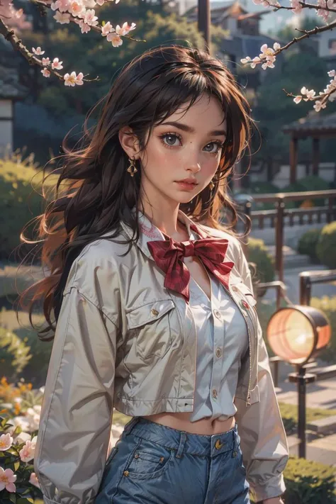 (fractal art:1.2), a cute girl,20 yo,Gray eyes, blonde hair, Long Slicked-Back Hairstyle, wearing (coral) open shirt,denim shorts,, at Serene Japanese garden with cherry blossoms, front view, earrings,bowtie, during sunrise,dramatic lighting , ((masterpiece)), (best quality), (highres), original, extremely detailed 8K , (photorealistic:1.4),flawless face, perfect eyes,symmetrica body shape,smile, <lora:ymimi_v1:0.8> <lora:add_detail:0.4>