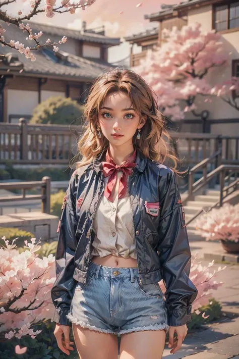 (fractal art:1.2), a cute girl,20 yo,Gray eyes, blonde hair, Long Slicked-Back Hairstyle, wearing (coral) open shirt,denim shorts,, at Serene Japanese garden with cherry blossoms, front view, earrings,bowtie, during sunrise,dramatic lighting , ((masterpiece)), (best quality), (highres), original, extremely detailed 8K , (photorealistic:1.4),flawless face, perfect eyes,symmetrica body shape,smile, <lora:ymimi_v1:0.8> <lora:add_detail:0.4>