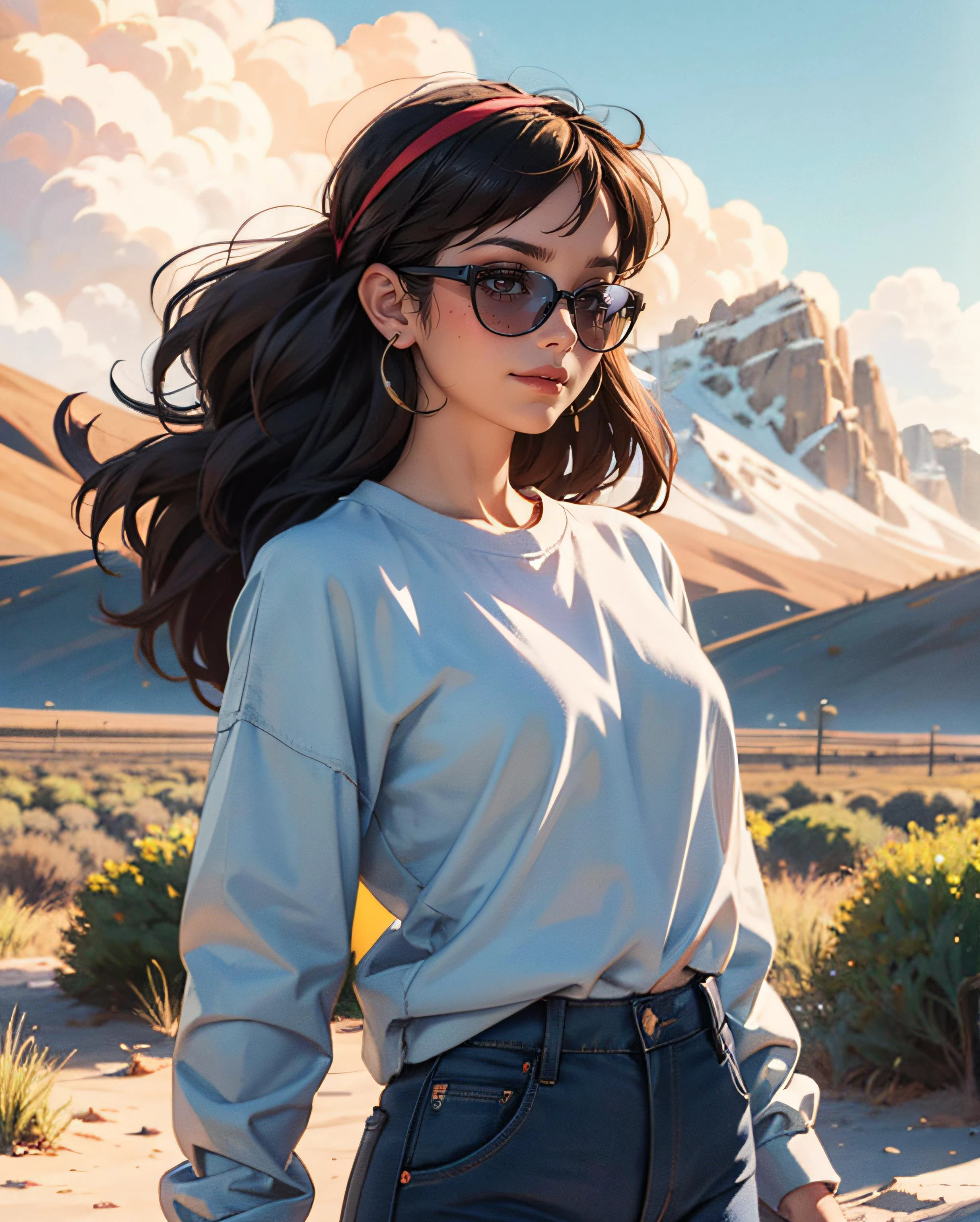 ((Best quality)), ((masterpiece)), ((realistic)), ((Best quality)), ((masterpiece)), ((realistic)), Girl walking in desert, looking tired, wearing Loose-fitting clothing Long-sleeved shirts and pants, Headgear, Sunglasses, very beautiful, in a natural and casual style on eye level, scenic, masterpiece, (highres), original, extremely detailed 8K , (photorealistic:1.4),flawless face, perfect eyes,symmetrica body shape,smile, <lora:add_detail:0.4>