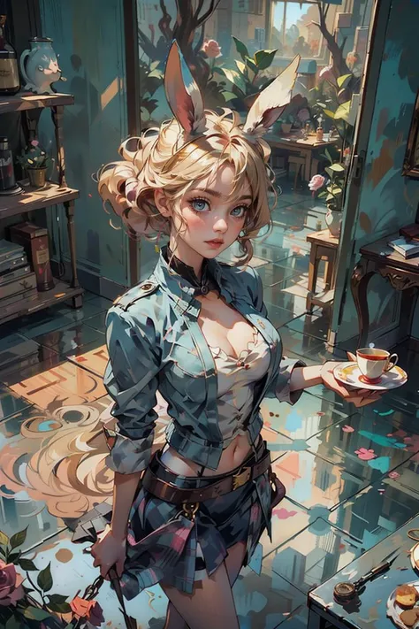 <lora:shuicolor_v1:0.9>
shui001,1girl, solo, light blonde,white rabbit ears, pocket watch, checkered floor, distorted reality, spiraling sky, oversized objects, miniature creatures, looking into mirror, Alice in Wonderland theme, card soldiers, rose bushes, surreal tea party, groin, from above, sfw,