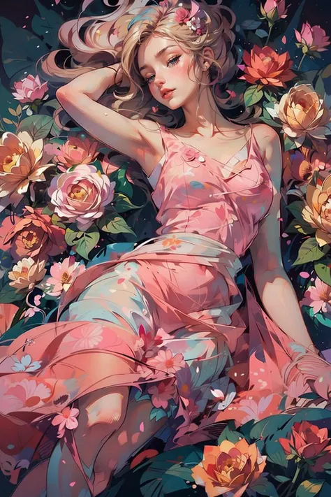 <lora:shuicolor_v1:0.9>
shui001,1girl, solo, flower, dress, blonde hair, closed eyes, pink flower, rose, lying, white dress, pink rose, on back, lips, makeup, sleeveless, floral print