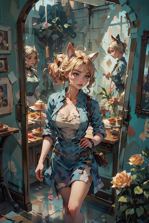 <lora:shuicolor_v1:0.9>
shui001,1girl, solo, light blonde,white rabbit ears, pocket watch, checkered floor, distorted reality, spiraling sky, oversized objects, miniature creatures, looking into mirror, Alice in Wonderland theme, card soldiers, rose bushes, surreal tea party, groin, from above, sfw,