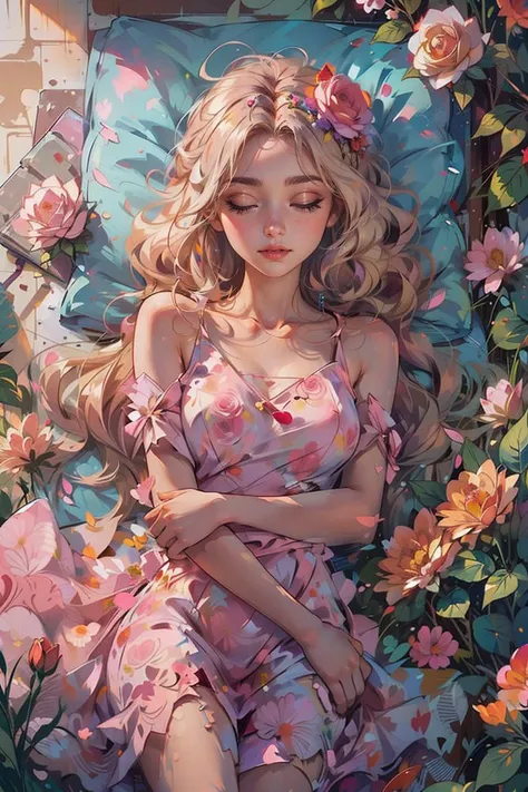 <lora:shuicolor_v1:0.9>
shui001,1girl, solo, flower, dress, blonde hair, closed eyes, pink flower, rose, lying, white dress, pink rose, on back, lips, makeup, sleeveless, floral print