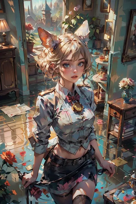 <lora:shuicolor_v1:0.9>
shui001,1girl, solo, light blonde,white rabbit ears, pocket watch, checkered floor, distorted reality, spiraling sky, oversized objects, miniature creatures, looking into mirror, Alice in Wonderland theme, card soldiers, rose bushes, surreal tea party, groin, from above, sfw,