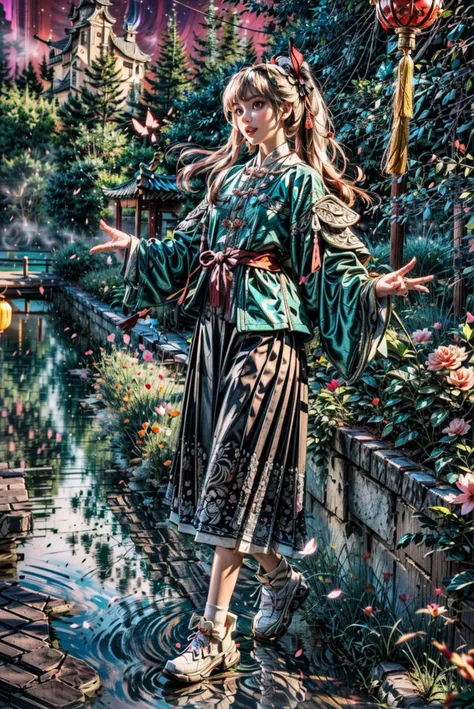 <(best quality, extremery best quality, masterpiece:1.4), (realistic, intricate details:1.4), (photorealistic:1.4), (extremely intricate:1.4), highres, ultra highres, ultra detailed, ultra-detailed, absurdres, incredibly absurdres, extremely detailed, high quality, high resolution, hyperrealistic, ultra-realistic, hyper-detailed, top quality, best, fine detail, massive detail, Highly detailed, extreme detailed, highest detailed, high-res, absolutely resolution, reflection, (refraction:1.4), (hyperrealism:1.4)>, BREAK, (1girl:1.3), solo, looking at viewer, (young cute beautiful 18-year-old girl:1.4), 3d face, (hand of Guido Daniele:1.4), beautiful girl, Beautiful face, pretty, girlface, kpop idol, supermodel, stunning innocent symmetry face, perfect body, medium breast, slim waist, slim legs, (high detailed skin:1.5), glowing eyes, goddess, natural skin texture, shiny skin, White skin, Beautiful detailed face, detailed face, real skin texture, cute delicate face, finely detailed face, golden ratio, golden ratio face, expressive eyes, perfect face, perfect skin, flawless face, clear face, shiny hair, pale skin, Proper body proportion, perfect anatomy, realistic skin texture, luscious lips, glossy lips, natural makeup, beautiful bright pupils, slender figure, intricate eyes, detailed pupils, detailed face and eyes, longeyelashes, blush, good hand, perfect hands, pretty face, beautiful female bodies, finely detailed skin, oily shiny skin, clean facial features, an extremely delicate and beautiful, cute & girly, beautiful detailed eyes, stars in the eyes, detailed simmetric eyes, perfect smooth skin texture, BREAK, (((((standing, (white/blue/red/black/green/pink/yellow chinese shirt),(white/blue/red/black/green/pink/yellow chinese long skirt), (dancing, smile, Pink hair, Pink eye, long hair, Pink eyelashes, Pink lips, Pink lip colour, Eyes glowing Pink, flat bangs, happy expression, warm smile), (lotus, hair ornament, water, dancing with butterfly, chinese traditional architecture, in the garden, floral background, brilliant colors, long_hair, nail_polish, jewelry, ancient art, chinese style), (night, Night time, moon light, Golden Hour, sky, landscape, aurora borealis, stars, outdoors, Chinese, Pink fireworks, Sakura tree background:1.4), (lake background, mountains, full moon background, night lake shore, river, forest, chinese style countryard, lanterns, pond, cobblestone pathway, building pavilion, chinese buildings, moutains, misty lake, ancient chinese background, puddle, after the rain, petals falling, wet grass and trees, flower sea, in a meadow, waterfall, breeze, flying splashes, flying petals, leaves, bloom, bloom effect, surrounded by heavy floating petal flow, petal, Pink butterfly, flower, detailed beautiful grassland with petal, flowers, plants, Pink rose, many Pink roses, leaves falling from the tree, dust is drifting, ethereal, scenery, nature, mysterious background:1.4), (iridescent colors, Iridescence, blush, mysterious, fantasy background, fantasy, open mouth:1.2), (fog, wind:1.2), (Luminescent Particles:1.3), (fullbody:1.2), (eye focus, face focus, character focus, close-up face:1.2), (dutch angle, cowboy shot:1.3), colorful refraction)))), BREAK, <cinematic portrait, analog film photography, film emulation, bokeh, blurry noise background, watercolor, available light, detailed light, volumetric fog, beautiful lighting, Rembrandt lighting, Cinematic, pixel art, game art, key visual, surreal, PBR Texturing, Anisotropic Filtering, Maximum Clarity And Sharpness, Albedo And Specular Maps, Multi-Layered Textures, Surface Shading, Sub-Pixel Convolution, Sub-Pixel Convolution, Accurate Simulation Of Light-Material Interaction, blurry foreground, broad light, volumetric light effect, matte painting, perfectly defined features, volumetric lighting, Tone Mapping, Lumen Reflections, Global illumination, Ray Tracing, Screen Space Global Illumination, Accent Lighting, 32k, Natural Lighting, volumetric, cinematic masterpiece, Rule of thirds, high dynamic range, Multi-exposure HDR capture, cinematic render, game cg cinematic, atmospheric perspective, scene, epic dynamic frame, motion blur, ((cinematic look, Film look)), rim light, 4k textures, adobe lightroom, photolab, insane details, hyperdetailed, exposure blend, professional color grading, professional color correction, aerial perspective, particles and dust in beams of light, cinematic scene, dynamic lighting, sharp details, lomography, soft focus, light leaks, bold hues, atmospheric depth, (explosive light and shadow:1.2), aesthetics, intricate designs, ultra realistic digital art, (zentangle, mandala, tangle, entangle), (fractal art), elegant, vivid colours, floating particles, particles, dramatic, epic, (ink drawing, oil painting detailed), (dramatic lighting:1.2), RAW, huge filesize, extremery detailed CG, Photo, 8k uhd, cinematic atmosphere, trending on artstation, award-winning glamour photograph, highly detailed photo, official art, beautiful and aesthetic, unity 8k wallpaper, beautiful, highly detailed CG illustration, best illustration, intricate, Amazing, emotional, analog, painting, digital painting, concept art, Oil Painting, illustration, Classical art, Renaissance, Romanticism, Neoclassicism, Color Palette, depth and contrast, Vibrant colors, saturated, rich saturation, color harmony, vivid palette, concept-art, design style, detail character, concept render, colorful, analog photography, dreamy atmosphere, specular highlights, atmospheric lighting, (dynamic angle, dynamic pose :1.3), (shiny, clothes reflecting light, lens flare, bloom effect, light particle, lens glare:1.3), realistic lighting, cinematic light, (cinematic lighting), light in the face, soft lighting, saturated colors, detailed background, sharp focus, 8k high definition, perspective, Master Composition, roughness, post-processing, soft shadows, realistic shadows, ambient occlusion, ray-tracing, subsurface scattering, photon mapping, physically-based rendering, octane rendering, unreal engine 5, ue5 rendering, Adobe After FX, dslr, RTX, Best character details, radiosity, sharp, antialiased, RAW photo, HDR, 8k, 4k, (((Photographed by Roger Deakins, using a RED Monstro 8K VV camera and a series of high-end lenses))), ((Hasselblad photography)), (film grain:1.4), Kodak portra 400, ((Fujifilm X-T5)), professional photograph, depth of field, caustics, Broad lighting, diffuse lighting, rim lighting, two tone lighting, textile details, visible pores, high resolution scan, professionally color graded, photographic reality, automatic white balance, best lighting, detailed shadow, high contrast, strong light and shadow>, (PureErosFace_V1:0.5), (ulzzang-6500:1), <lora:epiNoiseoffset_v3:2>, <lora:add_detail:2>, <lora:hipoly_3dcg_v7-epoch-000012:0.6>, <lora:hanfu_ming:0.8>, kbxll, <lora:LowRA:0.6>