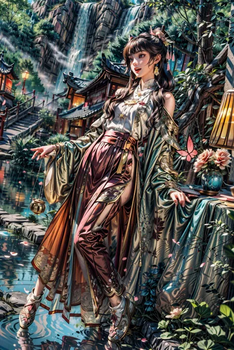 <(best quality, extremery best quality, masterpiece:1.4), (realistic, intricate details:1.4), (photorealistic:1.4), (extremely intricate:1.4), highres, ultra highres, ultra detailed, ultra-detailed, absurdres, incredibly absurdres, extremely detailed, high quality, high resolution, hyperrealistic, ultra-realistic, hyper-detailed, top quality, best, fine detail, massive detail, Highly detailed, extreme detailed, highest detailed, high-res, absolutely resolution, reflection, (refraction:1.4), (hyperrealism:1.4)>, BREAK, (1girl:1.3), solo, looking at viewer, (young cute beautiful 18-year-old girl:1.4), 3d face, (hand of Guido Daniele:1.4), beautiful girl, Beautiful face, pretty, girlface, kpop idol, supermodel, stunning innocent symmetry face, perfect body, medium breast, slim waist, slim legs, (high detailed skin:1.5), glowing eyes, goddess, natural skin texture, shiny skin, White skin, Beautiful detailed face, detailed face, real skin texture, cute delicate face, finely detailed face, golden ratio, golden ratio face, expressive eyes, perfect face, perfect skin, flawless face, clear face, shiny hair, pale skin, Proper body proportion, perfect anatomy, realistic skin texture, luscious lips, glossy lips, natural makeup, beautiful bright pupils, slender figure, intricate eyes, detailed pupils, detailed face and eyes, longeyelashes, blush, good hand, perfect hands, pretty face, beautiful female bodies, finely detailed skin, oily shiny skin, clean facial features, an extremely delicate and beautiful, cute & girly, beautiful detailed eyes, stars in the eyes, detailed simmetric eyes, perfect smooth skin texture, BREAK, (((((standing, (white/blue/red/black/green/pink/yellow chinese shirt),(white/blue/red/black/green/pink/yellow chinese long skirt), (dancing, smile, Pink hair, Pink eye, long hair, Pink eyelashes, Pink lips, Pink lip colour, Eyes glowing Pink, flat bangs, happy expression, warm smile), (lotus, hair ornament, water, dancing with butterfly, chinese traditional architecture, in the garden, floral background, brilliant colors, long_hair, nail_polish, jewelry, ancient art, chinese style), (night, Night time, moon light, Golden Hour, sky, landscape, aurora borealis, stars, outdoors, Chinese, Pink fireworks, Sakura tree background:1.4), (lake background, mountains, full moon background, night lake shore, river, forest, chinese style countryard, lanterns, pond, cobblestone pathway, building pavilion, chinese buildings, moutains, misty lake, ancient chinese background, puddle, after the rain, petals falling, wet grass and trees, flower sea, in a meadow, waterfall, breeze, flying splashes, flying petals, leaves, bloom, bloom effect, surrounded by heavy floating petal flow, petal, Pink butterfly, flower, detailed beautiful grassland with petal, flowers, plants, Pink rose, many Pink roses, leaves falling from the tree, dust is drifting, ethereal, scenery, nature, mysterious background:1.4), (iridescent colors, Iridescence, blush, mysterious, fantasy background, fantasy, open mouth:1.2), (fog, wind:1.2), (Luminescent Particles:1.3), (fullbody:1.2), (eye focus, face focus, character focus, close-up face:1.2), (dutch angle, cowboy shot:1.3), colorful refraction)))), BREAK, <cinematic portrait, analog film photography, film emulation, bokeh, blurry noise background, watercolor, available light, detailed light, volumetric fog, beautiful lighting, Rembrandt lighting, Cinematic, pixel art, game art, key visual, surreal, PBR Texturing, Anisotropic Filtering, Maximum Clarity And Sharpness, Albedo And Specular Maps, Multi-Layered Textures, Surface Shading, Sub-Pixel Convolution, Sub-Pixel Convolution, Accurate Simulation Of Light-Material Interaction, blurry foreground, broad light, volumetric light effect, matte painting, perfectly defined features, volumetric lighting, Tone Mapping, Lumen Reflections, Global illumination, Ray Tracing, Screen Space Global Illumination, Accent Lighting, 32k, Natural Lighting, volumetric, cinematic masterpiece, Rule of thirds, high dynamic range, Multi-exposure HDR capture, cinematic render, game cg cinematic, atmospheric perspective, scene, epic dynamic frame, motion blur, ((cinematic look, Film look)), rim light, 4k textures, adobe lightroom, photolab, insane details, hyperdetailed, exposure blend, professional color grading, professional color correction, aerial perspective, particles and dust in beams of light, cinematic scene, dynamic lighting, sharp details, lomography, soft focus, light leaks, bold hues, atmospheric depth, (explosive light and shadow:1.2), aesthetics, intricate designs, ultra realistic digital art, (zentangle, mandala, tangle, entangle), (fractal art), elegant, vivid colours, floating particles, particles, dramatic, epic, (ink drawing, oil painting detailed), (dramatic lighting:1.2), RAW, huge filesize, extremery detailed CG, Photo, 8k uhd, cinematic atmosphere, trending on artstation, award-winning glamour photograph, highly detailed photo, official art, beautiful and aesthetic, unity 8k wallpaper, beautiful, highly detailed CG illustration, best illustration, intricate, Amazing, emotional, analog, painting, digital painting, concept art, Oil Painting, illustration, Classical art, Renaissance, Romanticism, Neoclassicism, Color Palette, depth and contrast, Vibrant colors, saturated, rich saturation, color harmony, vivid palette, concept-art, design style, detail character, concept render, colorful, analog photography, dreamy atmosphere, specular highlights, atmospheric lighting, (dynamic angle, dynamic pose :1.3), (shiny, clothes reflecting light, lens flare, bloom effect, light particle, lens glare:1.3), realistic lighting, cinematic light, (cinematic lighting), light in the face, soft lighting, saturated colors, detailed background, sharp focus, 8k high definition, perspective, Master Composition, roughness, post-processing, soft shadows, realistic shadows, ambient occlusion, ray-tracing, subsurface scattering, photon mapping, physically-based rendering, octane rendering, unreal engine 5, ue5 rendering, Adobe After FX, dslr, RTX, Best character details, radiosity, sharp, antialiased, RAW photo, HDR, 8k, 4k, (((Photographed by Roger Deakins, using a RED Monstro 8K VV camera and a series of high-end lenses))), ((Hasselblad photography)), (film grain:1.4), Kodak portra 400, ((Fujifilm X-T5)), professional photograph, depth of field, caustics, Broad lighting, diffuse lighting, rim lighting, two tone lighting, textile details, visible pores, high resolution scan, professionally color graded, photographic reality, automatic white balance, best lighting, detailed shadow, high contrast, strong light and shadow>, (PureErosFace_V1:0.5), (ulzzang-6500:1), <lora:epiNoiseoffset_v3:1>, <lora:add_detail:2>, <lora:hipoly_3dcg_v7-epoch-000012:0.6>, <lora:hanfu_ming:0.8>, kbxll, <lora:LowRA:0.3>