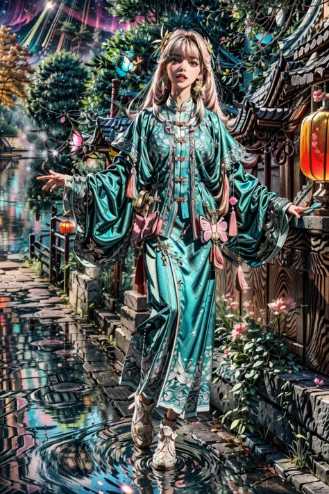<(best quality, extremery best quality, masterpiece:1.4), (realistic, intricate details:1.4), (photorealistic:1.4), (extremely intricate:1.4), highres, ultra highres, ultra detailed, ultra-detailed, absurdres, incredibly absurdres, extremely detailed, high quality, high resolution, hyperrealistic, ultra-realistic, hyper-detailed, top quality, best, fine detail, massive detail, Highly detailed, extreme detailed, highest detailed, high-res, absolutely resolution, reflection, (refraction:1.4), (hyperrealism:1.4)>, BREAK, (1girl:1.3), solo, looking at viewer, (young cute beautiful 18-year-old girl:1.4), 3d face, (hand of Guido Daniele:1.4), beautiful girl, Beautiful face, pretty, girlface, kpop idol, supermodel, stunning innocent symmetry face, perfect body, medium breast, slim waist, slim legs, (high detailed skin:1.5), glowing eyes, goddess, natural skin texture, shiny skin, White skin, Beautiful detailed face, detailed face, real skin texture, cute delicate face, finely detailed face, golden ratio, golden ratio face, expressive eyes, perfect face, perfect skin, flawless face, clear face, shiny hair, pale skin, Proper body proportion, perfect anatomy, realistic skin texture, luscious lips, glossy lips, natural makeup, beautiful bright pupils, slender figure, intricate eyes, detailed pupils, detailed face and eyes, longeyelashes, blush, good hand, perfect hands, pretty face, beautiful female bodies, finely detailed skin, oily shiny skin, clean facial features, an extremely delicate and beautiful, cute & girly, beautiful detailed eyes, stars in the eyes, detailed simmetric eyes, perfect smooth skin texture, BREAK, (((((standing, (white/blue/red/black/green/pink/yellow chinese shirt),(white/blue/red/black/green/pink/yellow chinese long skirt), (dancing, smile, Pink hair, Pink eye, long hair, Pink eyelashes, Pink lips, Pink lip colour, Eyes glowing Pink, flat bangs, happy expression, warm smile), (lotus, hair ornament, water, dancing with butterfly, chinese traditional architecture, in the garden, floral background, brilliant colors, long_hair, nail_polish, jewelry, ancient art, chinese style), (night, Night time, moon light, Golden Hour, sky, landscape, aurora borealis, stars, outdoors, Chinese, Pink fireworks, Sakura tree background:1.4), (lake background, mountains, full moon background, night lake shore, river, forest, chinese style countryard, lanterns, pond, cobblestone pathway, building pavilion, chinese buildings, moutains, misty lake, ancient chinese background, puddle, after the rain, petals falling, wet grass and trees, flower sea, in a meadow, waterfall, breeze, flying splashes, flying petals, leaves, bloom, bloom effect, surrounded by heavy floating petal flow, petal, Pink butterfly, flower, detailed beautiful grassland with petal, flowers, plants, Pink rose, many Pink roses, leaves falling from the tree, dust is drifting, ethereal, scenery, nature, mysterious background:1.4), (iridescent colors, Iridescence, blush, mysterious, fantasy background, fantasy, open mouth:1.2), (fog, wind:1.2), (Luminescent Particles:1.3), (fullbody:1.2), (eye focus, face focus, character focus, close-up face:1.2), (dutch angle, cowboy shot:1.3), colorful refraction)))), BREAK, <cinematic portrait, analog film photography, film emulation, bokeh, blurry noise background, watercolor, available light, detailed light, volumetric fog, beautiful lighting, Rembrandt lighting, Cinematic, pixel art, game art, key visual, surreal, PBR Texturing, Anisotropic Filtering, Maximum Clarity And Sharpness, Albedo And Specular Maps, Multi-Layered Textures, Surface Shading, Sub-Pixel Convolution, Sub-Pixel Convolution, Accurate Simulation Of Light-Material Interaction, blurry foreground, broad light, volumetric light effect, matte painting, perfectly defined features, volumetric lighting, Tone Mapping, Lumen Reflections, Global illumination, Ray Tracing, Screen Space Global Illumination, Accent Lighting, 32k, Natural Lighting, volumetric, cinematic masterpiece, Rule of thirds, high dynamic range, Multi-exposure HDR capture, cinematic render, game cg cinematic, atmospheric perspective, scene, epic dynamic frame, motion blur, ((cinematic look, Film look)), rim light, 4k textures, adobe lightroom, photolab, insane details, hyperdetailed, exposure blend, professional color grading, professional color correction, aerial perspective, particles and dust in beams of light, cinematic scene, dynamic lighting, sharp details, lomography, soft focus, light leaks, bold hues, atmospheric depth, (explosive light and shadow:1.2), aesthetics, intricate designs, ultra realistic digital art, (zentangle, mandala, tangle, entangle), (fractal art), elegant, vivid colours, floating particles, particles, dramatic, epic, (ink drawing, oil painting detailed), (dramatic lighting:1.2), RAW, huge filesize, extremery detailed CG, Photo, 8k uhd, cinematic atmosphere, trending on artstation, award-winning glamour photograph, highly detailed photo, official art, beautiful and aesthetic, unity 8k wallpaper, beautiful, highly detailed CG illustration, best illustration, intricate, Amazing, emotional, analog, painting, digital painting, concept art, Oil Painting, illustration, Classical art, Renaissance, Romanticism, Neoclassicism, Color Palette, depth and contrast, Vibrant colors, saturated, rich saturation, color harmony, vivid palette, concept-art, design style, detail character, concept render, colorful, analog photography, dreamy atmosphere, specular highlights, atmospheric lighting, (dynamic angle, dynamic pose :1.3), (shiny, clothes reflecting light, lens flare, bloom effect, light particle, lens glare:1.3), realistic lighting, cinematic light, (cinematic lighting), light in the face, soft lighting, saturated colors, detailed background, sharp focus, 8k high definition, perspective, Master Composition, roughness, post-processing, soft shadows, realistic shadows, ambient occlusion, ray-tracing, subsurface scattering, photon mapping, physically-based rendering, octane rendering, unreal engine 5, ue5 rendering, Adobe After FX, dslr, RTX, Best character details, radiosity, sharp, antialiased, RAW photo, HDR, 8k, 4k, (((Photographed by Roger Deakins, using a RED Monstro 8K VV camera and a series of high-end lenses))), ((Hasselblad photography)), (film grain:1.4), Kodak portra 400, ((Fujifilm X-T5)), professional photograph, depth of field, caustics, Broad lighting, diffuse lighting, rim lighting, two tone lighting, textile details, visible pores, high resolution scan, professionally color graded, photographic reality, automatic white balance, best lighting, detailed shadow, high contrast, strong light and shadow>, (PureErosFace_V1:0.5), (ulzzang-6500:1), <lora:epiNoiseoffset_v3:2>, <lora:add_detail:2>, <lora:hipoly_3dcg_v7-epoch-000012:0.6>, <lora:hanfu_ming:0.8>, kbxll, <lora:LowRA:0.6>