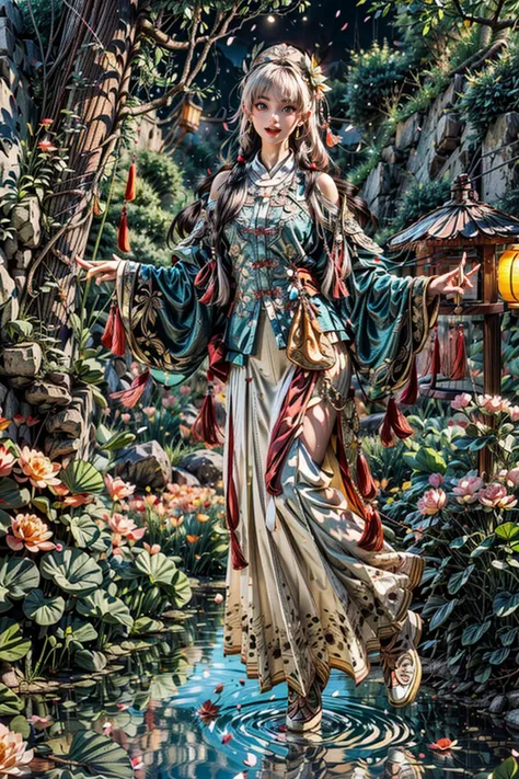 <(best quality, extremery best quality, masterpiece:1.4), (realistic, intricate details:1.4), (photorealistic:1.4), (extremely intricate:1.4), highres, ultra highres, ultra detailed, ultra-detailed, absurdres, incredibly absurdres, extremely detailed, high quality, high resolution, hyperrealistic, ultra-realistic, hyper-detailed, top quality, best, fine detail, massive detail, Highly detailed, extreme detailed, highest detailed, high-res, absolutely resolution, reflection, (refraction:1.4), (hyperrealism:1.4)>, BREAK, (1girl:1.3), solo, looking at viewer, (young cute beautiful 18-year-old girl:1.4), 3d face, (hand of Guido Daniele:1.4), beautiful girl, Beautiful face, pretty, girlface, kpop idol, supermodel, stunning innocent symmetry face, perfect body, medium breast, slim waist, slim legs, (high detailed skin:1.5), glowing eyes, goddess, natural skin texture, shiny skin, White skin, Beautiful detailed face, detailed face, real skin texture, cute delicate face, finely detailed face, golden ratio, golden ratio face, expressive eyes, perfect face, perfect skin, flawless face, clear face, shiny hair, pale skin, Proper body proportion, perfect anatomy, realistic skin texture, luscious lips, glossy lips, natural makeup, beautiful bright pupils, slender figure, intricate eyes, detailed pupils, detailed face and eyes, longeyelashes, blush, good hand, perfect hands, pretty face, beautiful female bodies, finely detailed skin, oily shiny skin, clean facial features, an extremely delicate and beautiful, cute & girly, beautiful detailed eyes, stars in the eyes, detailed simmetric eyes, perfect smooth skin texture, BREAK, (((((standing, (white/blue/red/black/green/pink/yellow chinese shirt),(white/blue/red/black/green/pink/yellow chinese long skirt), (dancing, smile, Pink hair, Pink eye, long hair, Pink eyelashes, Pink lips, Pink lip colour, Eyes glowing Pink, flat bangs, happy expression), (lotus, hair ornament, water, dancing with butterfly, chinese traditional architecture, in the garden, floral background, brilliant colors, long_hair, nail_polish, jewelry, ancient art, chinese style), (night, Night time, moon light, sky, landscape, aurora borealis, stars, outdoors, Chinese, Pink fireworks, Sakura tree background:1.4), (lake background, mountains, full moon background, night lake shore, river, forest, chinese style countryard, lanterns, pond, cobblestone pathway, building pavilion, chinese buildings, moutains, misty lake, ancient chinese background, puddle, after the rain, petals falling, wet grass and trees, flower sea, in a meadow, waterfall, breeze, flying splashes, flying petals, leaves, bloom, bloom effect, surrounded by heavy floating petal flow, petal, Pink butterfly, flower, detailed beautiful grassland with petal, flowers, plants, Pink rose, many Pink roses, leaves falling from the tree, dust is drifting, ethereal, scenery, nature, mysterious background:1.4), (iridescent colors, Iridescence, blush, mysterious, fantasy background, fantasy, open mouth:1.2), (fog, wind:1.2), (Luminescent Particles:1.3), (fullbody:1.2), (eye focus, face focus, character focus, close-up face:1.2), (dutch angle, cowboy shot:1.3), colorful refraction)))), BREAK, <watercolor, available light, detailed light, volumetric fog, beautiful lighting, Rembrandt lighting, Cinematic, pixel art, game art, key visual, surreal, PBR Texturing, Anisotropic Filtering, Maximum Clarity And Sharpness, Albedo And Specular Maps, Multi-Layered Textures, Surface Shading, Sub-Pixel Convolution, Sub-Pixel Convolution, Accurate Simulation Of Light-Material Interaction, blurry foreground, broad light, volumetric light effect, matte painting, perfectly defined features, volumetric lighting, Tone Mapping, Lumen Reflections, Global illumination, Ray Tracing, Screen Space Global Illumination, Accent Lighting, 32k, Natural Lighting, volumetric, cinematic masterpiece, Rule of thirds, high dynamic range, Multi-exposure HDR capture, cinematic render, game cg cinematic, atmospheric perspective, scene, epic dynamic frame, motion blur, ((cinematic look, Film look)), rim light, 4k textures, adobe lightroom, photolab, insane details, hyperdetailed, exposure blend, professional color grading, professional color correction, aerial perspective, particles and dust in beams of light, cinematic scene, dynamic lighting, sharp details, lomography, soft focus, light leaks, bold hues, atmospheric depth, (explosive light and shadow:1.2), aesthetics, intricate designs, ultra realistic digital art, (zentangle, mandala, tangle, entangle), (fractal art), elegant, vivid colours, floating particles, particles, dramatic, epic, (ink drawing, oil painting detailed), (dramatic lighting:1.2), RAW, huge filesize, extremery detailed CG, Photo, 8k uhd, cinematic atmosphere, trending on artstation, award-winning glamour photograph, highly detailed photo, official art, beautiful and aesthetic, unity 8k wallpaper, beautiful, highly detailed CG illustration, best illustration, intricate, Amazing, emotional, analog, painting, digital painting, concept art, Oil Painting, illustration, Classical art, Renaissance, Romanticism, Neoclassicism, Color Palette, depth and contrast, Vibrant colors, saturated, rich saturation, color harmony, vivid palette, concept-art, design style, detail character, concept render, colorful, analog photography, dreamy atmosphere, specular highlights, atmospheric lighting, (dynamic angle, dynamic pose :1.3), (shiny, clothes reflecting light, lens flare, bloom effect, light particle, lens glare:1.3), realistic lighting, cinematic light, (cinematic lighting), light in the face, soft lighting, saturated colors, detailed background, sharp focus, 8k high definition, perspective, Master Composition, roughness, post-processing, soft shadows, realistic shadows, ambient occlusion, ray-tracing, subsurface scattering, photon mapping, physically-based rendering, octane rendering, unreal engine 5, ue5 rendering, Adobe After FX, dslr, RTX, Best character details, radiosity, sharp, antialiased, RAW photo, HDR, 8k, 4k, (((Photographed by Roger Deakins, using a RED Monstro 8K VV camera and a series of high-end lenses))), ((Hasselblad photography)), (film grain:1.4), Kodak portra 400, ((Fujifilm X-T5)), professional photograph, depth of field, caustics, Broad lighting, diffuse lighting, rim lighting, two tone lighting, textile details, visible pores, high resolution scan, professionally color graded, photographic reality, automatic white balance, best lighting, detailed shadow, high contrast, strong light and shadow>, (PureErosFace_V1:0.5), (ulzzang-6500:1), <lora:epiNoiseoffset_v3:2>, <lora:add_detail:2>, <lora:hipoly_3dcg_v7-epoch-000012:0.6>, <lora:zhongfenghuaxiyou-000018:0.2>, zhongfenghua, <lora:hanfu_ming:0.8>, kbxll
