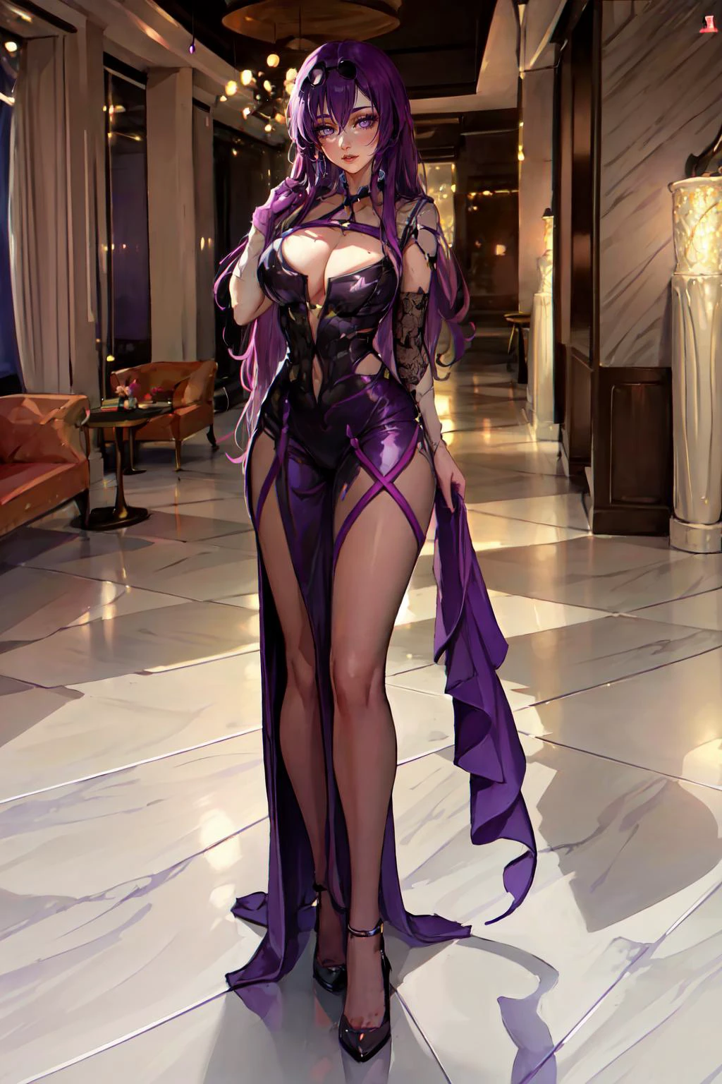 Highly detailed, High Quality, Masterpiece, beautiful, Kafka, <lora:Kafka:0.8>, 1girl, solo, purple eyes, mature female, wearing luxury dress, hotel lobby, shiny dress, <lora:Outfit_LuxuryDress:0.9>