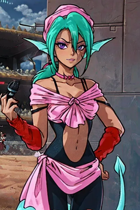yokozuwari, sitting,
(masterpiece), (best quality:1.2), absurdres, intricate details, standing, in forest, palm trees, godrays, (highly detailed skin:1.2),
ANIME_YuuHakusho_Juri_ownwaifu, www.ownwaifu.com,
green hair, dark skin, dark-skinned female, fish girl, breasts, purple eyes, long hair, makeup, collarbone, tail, aqua hair, eyeshadow, lipstick, fins, ponytail, hair between eyes, medium breasts, bangs, monster girl, pointy ears,
navel, choker, bare shoulders, arm warmers, bandana, navel cutout, clothing cutout, midriff, bike_shorts, cleavage, jewelry, off shoulder, leg warmers, detached sleeves, bodysuit, pink bow, necklace,
<lora:ANIME_YuuHakusho_Juri_ownwaifu-10:0.8>