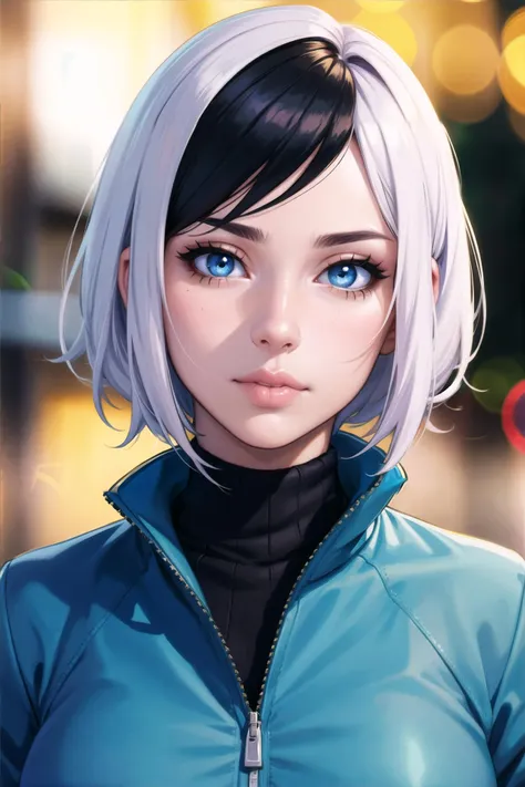 portrait shot, 2-tone hair, outdoors, bokeh background, depth of field, big lips, light blue eyes, turtleneck, jacket, (masterpiece), (best quality:1.2), absurdres, intricate details, (highly detailed skin:1.2),