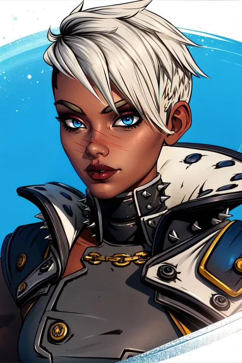 (masterpiece, best quality), intricate details,
1girl, <lora:TyreenCalypso-10v3:0.8> TyrCoat , Tyreen , white hair,blue eyes,two-tone hair, dark skin, undercut, eyeshadow, eyebrow cut,dark makeup, long coat, spikes,