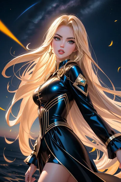 ((extremely detailed artgerm+a woman with long blonde hair:1.3+anime:1.2+sorcerer:1.2+RPG science fiction, distopic future),best quality,hair blowing,dynamic, high res, 4k, fire magic, black high tech outfit, armpit the show, penetrating look), empress