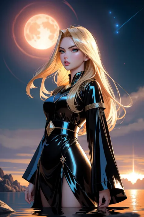 A Scorpio, Female One, with long blonde hair on top of a red moon, with a dark sky, and starry.
In his hand a golden microphone.
