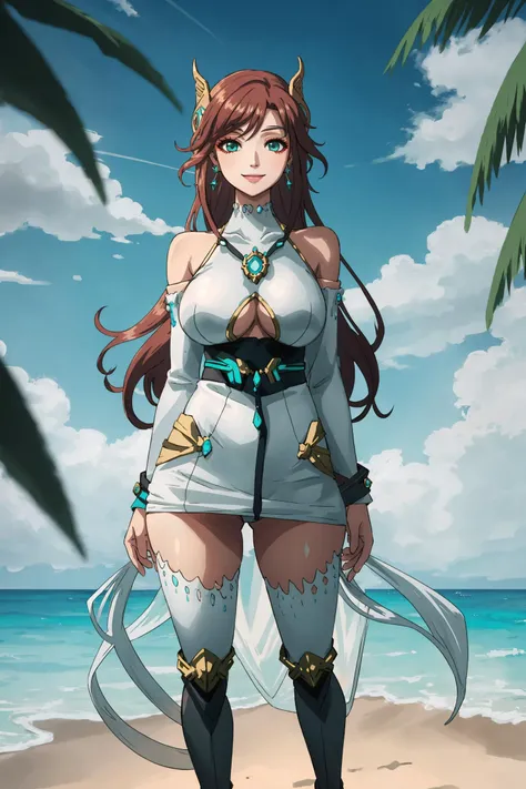 Alexandria, (medium wavy hair):3, hair ornament, hair down, large breasts, smiling, makeup, ((dangling earrings)), uncovered shoulders, perunoutfit, thigh boots<lora:alexandria-nvwls-v1:0><lora:perun-nvwls-v1-final:0>, beach, ocean, facing viewer <lora:praxis-nvwls-v1-final:0>