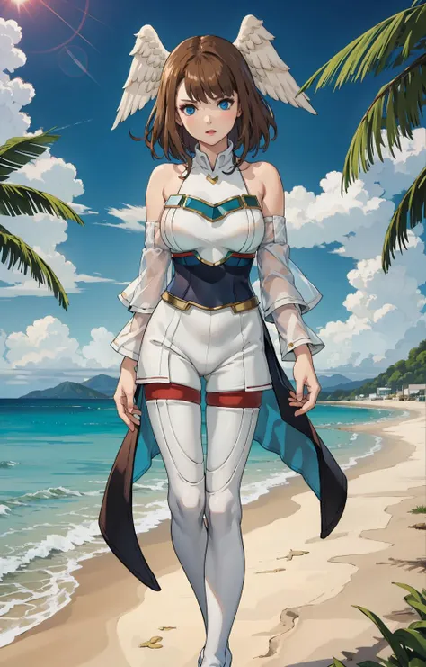 beach, outside, daytime, look at viewer,  eunie,brown hair, head wings,blue eyes, white dress, wide sleeves, spandex pants, thigh boots, hands in fists
<lora:alexandria-nvwls-v1:0>
<lora:eunie:0>