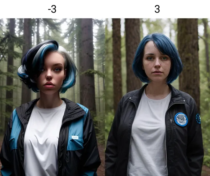 <lora:freckle_slider_v1:-3> ,white woman, upper body, black jacket, blue hair, , forest, looking at viewer