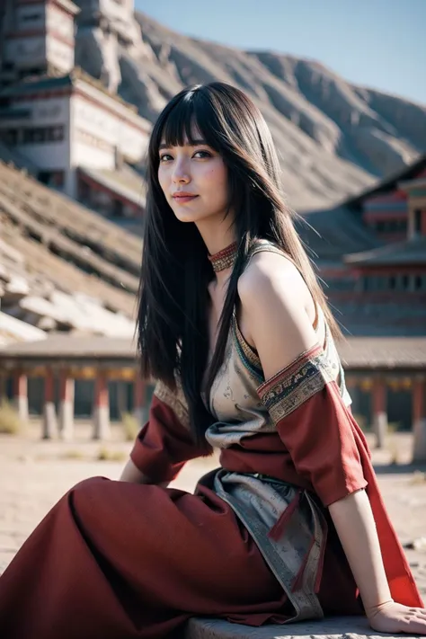 chinese,((Potala Palace)),asian,masterpiece,best quality,smile,(black hair),red clothes,short ponytail,big breasts,cleavage,Sitting with legs tucked under,from side,
<lora:hand:1>,<lora:FilmVelvia3:0.4>,<lora:zdy_v1:1>,<lora:Lsm_no_004:1>,<lora:- National costume:0.7>,<lora:MongolPunkAI:0.6>,MongolPunkAI,<lora:freckle_slider_v1:1.5>,in Tibet,<lora:curly_hair_slider_v11:-3>,