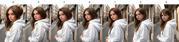 <lora:freckle_slider_200steps:-3> ,white woman, upper body, hoodie, brown hair, street, looking at viewer