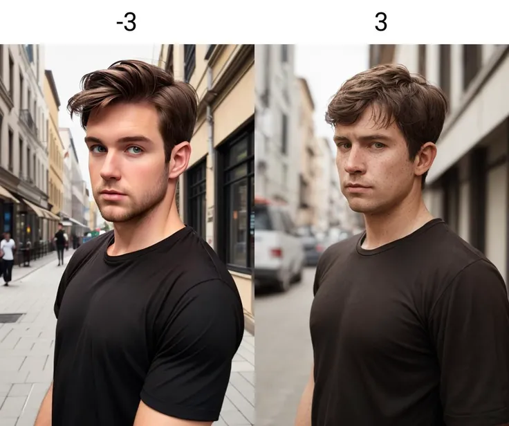 <lora:freckle_slider_200steps:-3> ,white man, upper body, black shirt, brown hair, street, looking at viewer