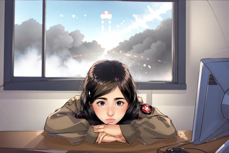 <lora:wikh:1>wikh, girl hiding on knees under desk while atomic bomb blast explodes outside window