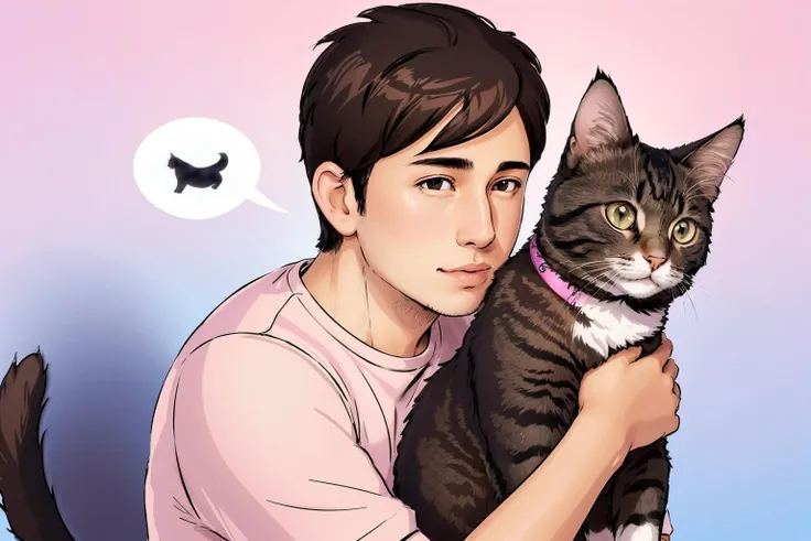 <lora:wikh:1>wikh, man, short brown hair, pink shirt, thought bubble with a cat, gradient background
