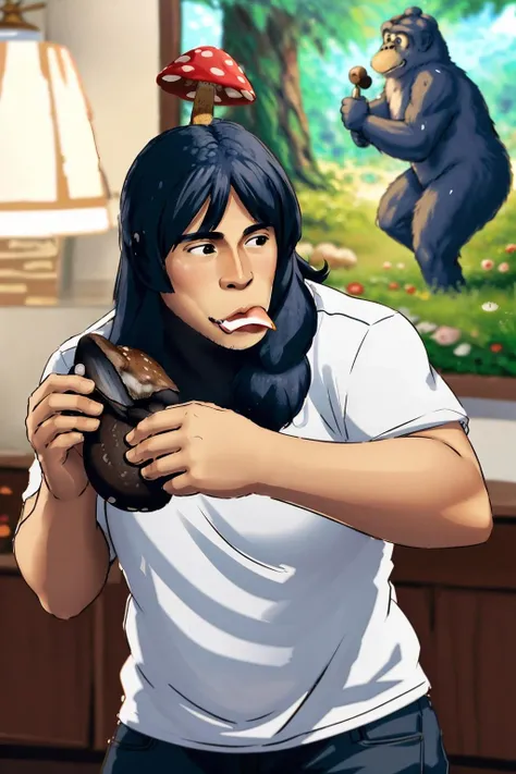 <lora:wikh:1.3>wikh, king kong eating a mushroom, blurry background