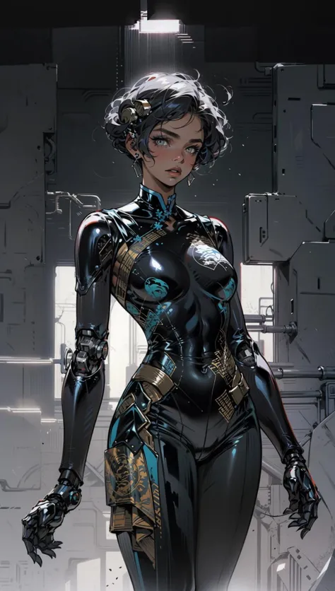 female, woman robot cyborg wearing china dress cyber bodysuit, (latex trousers:1.1),cyberpunk scene,<lora:KisakiChinaDress:0.8> <lora:MG_jijia:0.8>