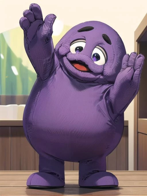 best quality, masterpiece, highres, detailed, <lora:Detail - add_detail:0.2>, Grimace, <lora:Grimace:0.9>, purple, indoors, happy, no human, mascot, waving,