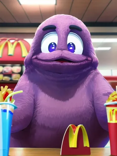 best quality, masterpiece, highres, detailed, <lora:Detail - add_detail:0.2>, Grimace, <lora:Grimace:0.9>, purple, indoors, happy, no human, mascot, eating mcdonald's food, burger, fries, milkshakes,