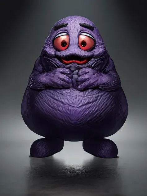 best quality, masterpiece, highres, detailed, <lora:Detail - add_detail:0.2>, Grimace, <lora:Grimace:0.9>, purple, happy, no human, mascot, horror, holding knife, red eyes,