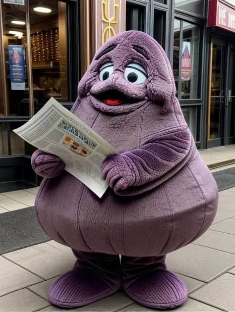 best quality, masterpiece, highres, detailed, <lora:Detail - add_detail:0.2>, Grimace,  <lora:Grimace:0.9>, purple, happy, no human, mascot, handing out fliers, holding paper, outside restaurant,