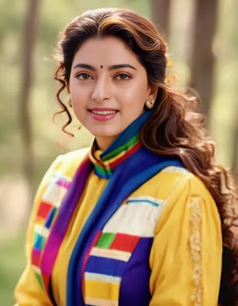 hires detailed photo of juhi chawla woman studio quality, looking straight at viewer, realistic skin, happy high collar detailed ethnic dress, canon 5D, f/2, outdoors background bokeh <lora:Juhi_Chawla_SDXL_LoRA_v20:1>