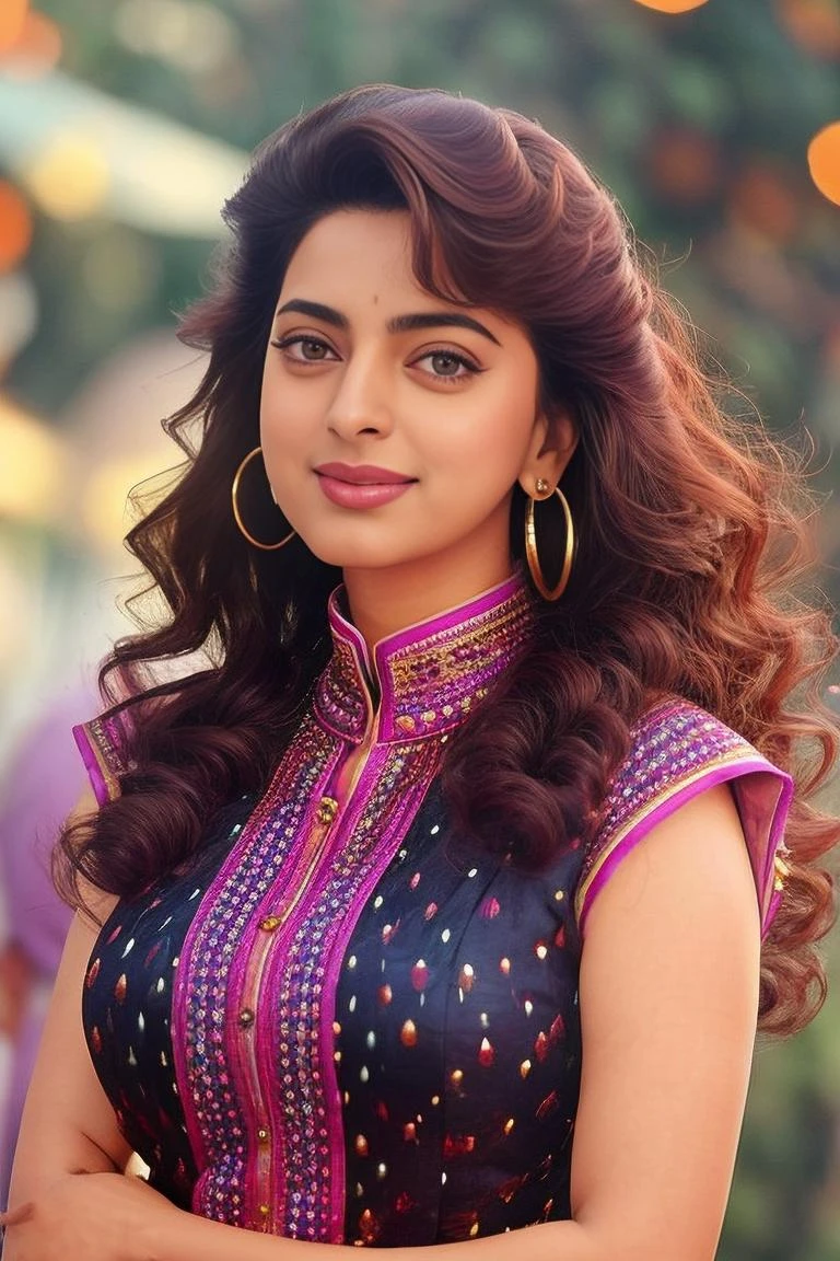 hires photo of juhi woman, studio quality, looking straight at viewer, detailed high collar dress, background bokeh <lora:Juhi_Chawla_SD15_LoRA:1>