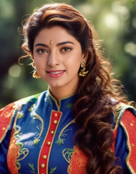 hires detailed photo of juhi chawla woman studio quality, looking straight at viewer, realistic skin, happy, detailed ethnic dress, canon 5D, f/2, outdoors background bokeh <lora:Juhi_Chawla_SDXL_LoRA_v20:1>