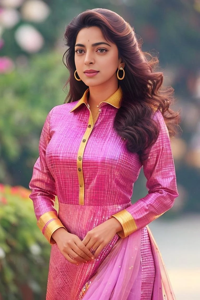 hires photo of juhi woman, studio quality, looking straight at viewer, detailed high collar dress, background bokeh <lora:Juhi_Chawla_SD15_LoRA:1>