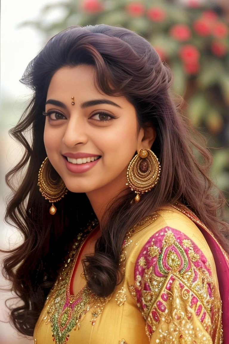 hires headshot photo of juhi woman, studio quality, looking straight at viewer, detailed ethnic dress, laughing, background bokeh <lora:Juhi_Chawla_SD15_LoRA:1>