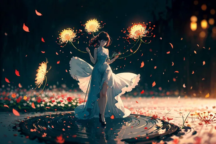 1 lady, stars, nebula, red spider lily, leaf, falling petals, floral work, simplicity, light from up, whitework, reflecting floor, dress, pose, contrapposto, garden, (blurry background, blurry foreground, depth of field, ambient lighting:1.3)