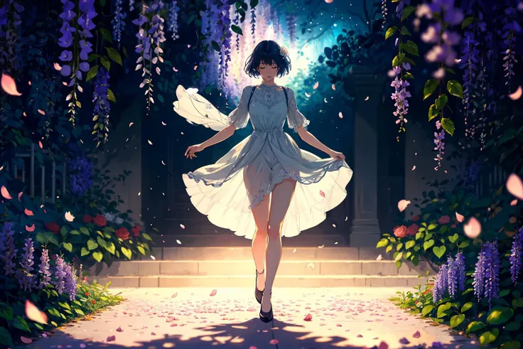 1 lady, stars, nebula, roses, wisteria, leaf, falling petals, floral work, simplicity, light from up, whitework, reflecting floor, dress, pose, contrapposto, garden, (blurry background, blurry foreground, depth of field, ambient lighting:1.3)