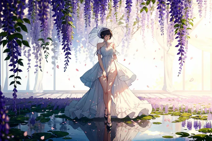 1 lady, stars, nebula, roses, wisteria, leaf, falling petals, floral work, simplicity, light from up, whitework, reflecting floor, dress, pose, contrapposto, garden, (blurry background, blurry foreground, depth of field, ambient lighting:1.3)