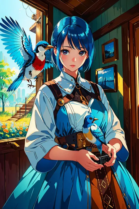 1girl, grainy, extremely detailed, intricate detail, dynamic lighting,photorealistic, natural lighting, Bluebird playing with Woodpecker