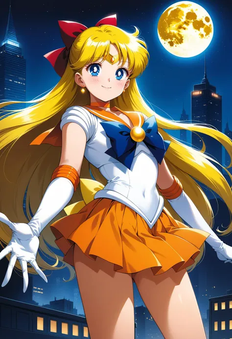 (masterpiece, best quality, very aesthetic, ultra detailed), intricate details, 4k, aavenus, long hair, blonde hair, hair bow, tiara, earrings, blue eyes, orange choker, orange sailor collar, blue bowtie, white shirt, elbow gloves, white gloves, pleated skirt, orange skirt, bare legs, <lora:sailor_venus_animaginexl_v2:0.9>, standing, cowboy shot, outdoors, night, moon, city, building, reaching out, smile