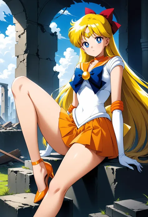 (masterpiece, best quality, very aesthetic, ultra detailed), intricate details, 4k, aavenus, long hair, blonde hair, hair bow, tiara, earrings, blue eyes, orange choker, orange sailor collar, blue bowtie, white shirt, elbow gloves, white gloves, pleated skirt, orange skirt, bare legs, <lora:sailor_venus_animaginexl_v2:0.9>, ruin, expressionless, sitting, knee up, strappy heels, orange footwear,