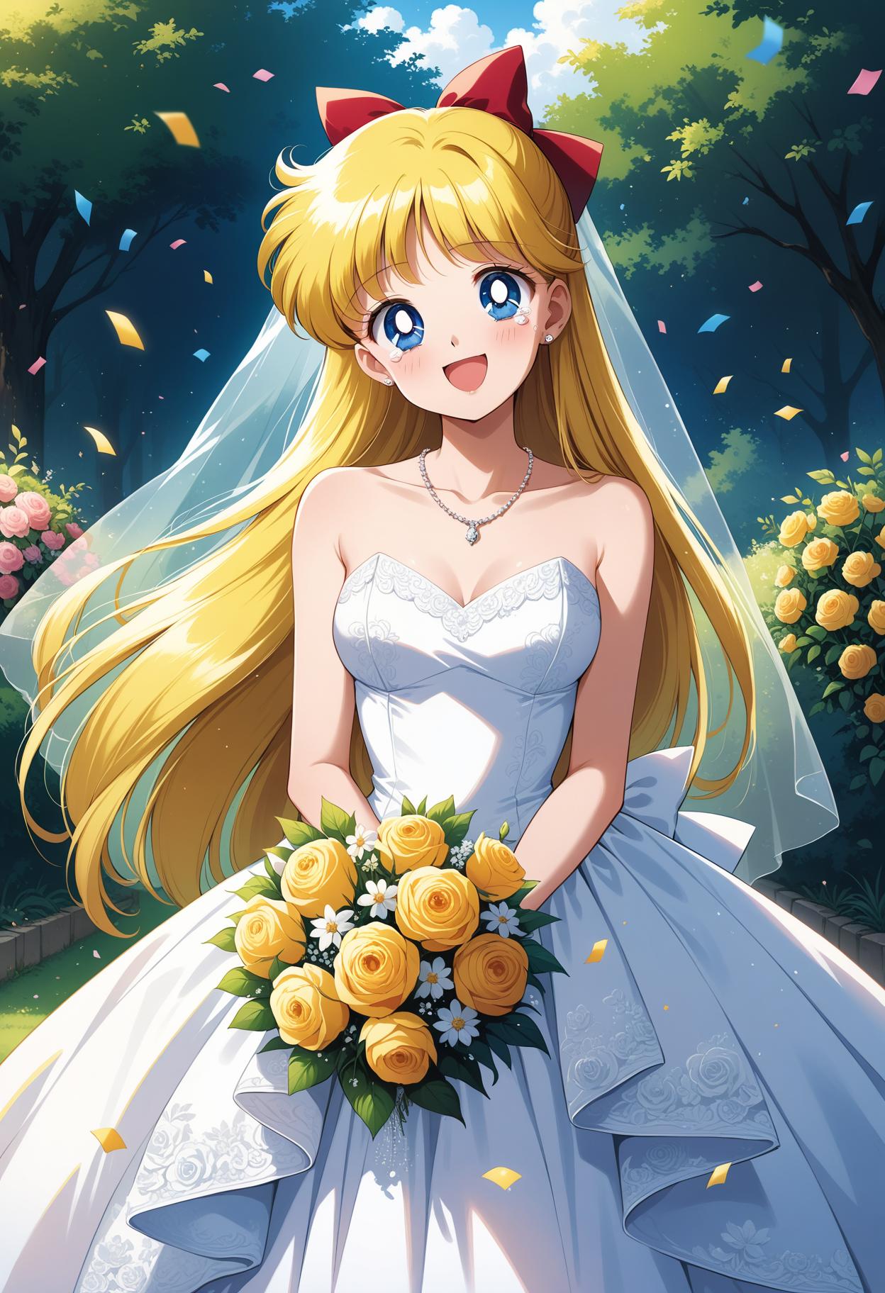 A woman in a wedding dress holding a bouquet of flowers - SeaArt AI