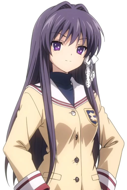 solo, 1girl, looking at viewer, 2D, anime, anime coloring, upper body, (simple background, solid white background:1.3), <lora:kyou-clannad:0.8>, kyou fujibayashi, hikarizaka private high school uniform, emblem, buttons, turtleneck, long sleeves, smirk