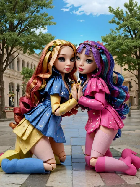 <lora:RVPantyonAss5:1.0> two rainbow high dolls, kissing and making out on a town square<lora:RainbowHigh:1>