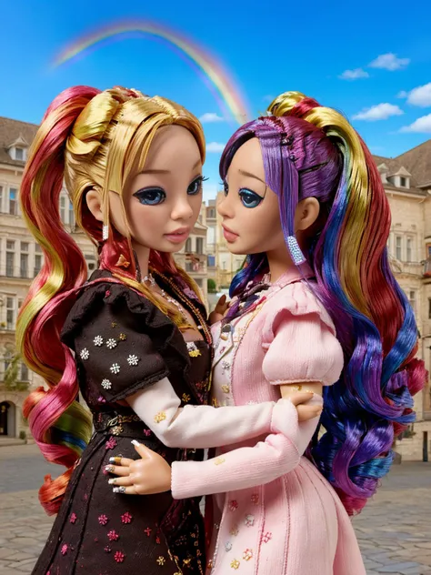 <lora:RVPantyonAss5:1.0> two rainbow high dolls, kissing and making out on a town square<lora:RainbowHigh:1>