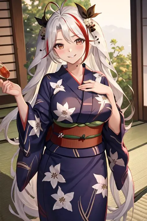 best quality, masterpiece, highres, solo, {yukata:1.40}, {kimono:1.20}, {prinz_eugen_azurlane:1.15}, long_hair, multicolored_hair, streaked_hair, red_hair, breasts, bangs, two_side_up, large_breasts, white_hair, blush, antenna_hair, hair_between_eyes, very_long_hair, mole, mole_on_breast, smile, brown_eyes