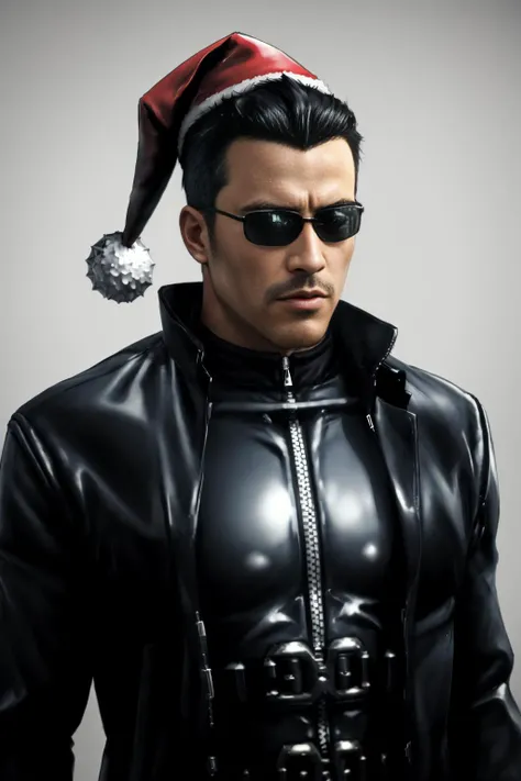 (masterpiece, best quality:1.2), <lora:jc_denton-20:0.7> wearing a santa hat, jcdDX_soul3142, solo, black hair, 1boy, jacket, upper body, sunglasses, zipper, realistic, leather jacket